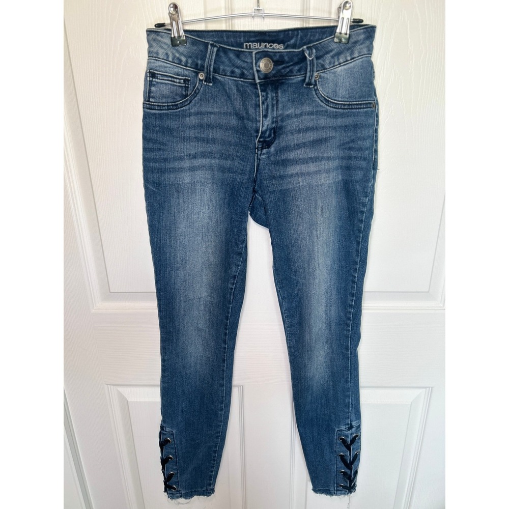Maurices Skinny Jeans XS Reg‎ Blue Medium Wash Lace Up Ankle Frayed Hem Grommet